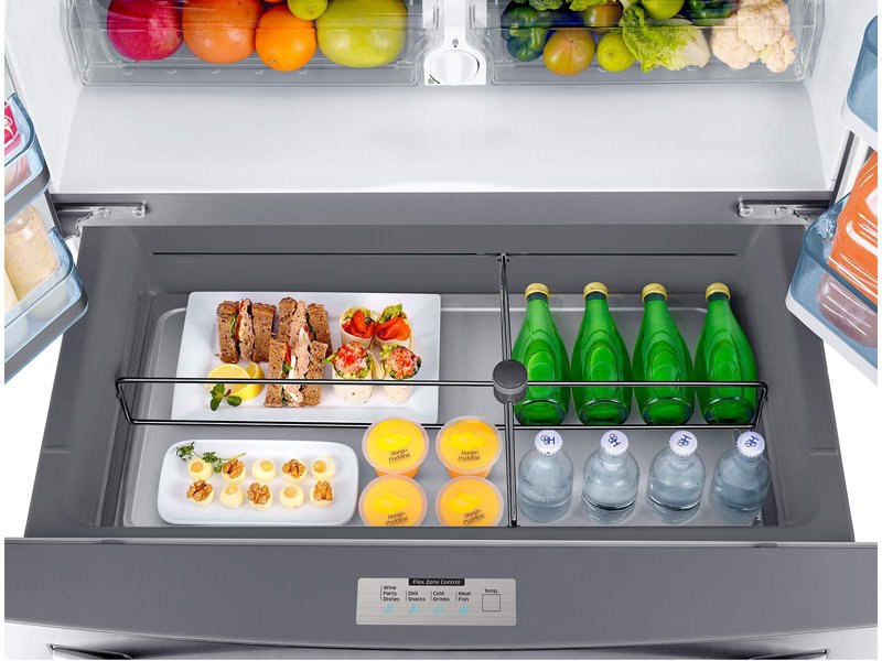 Refrigerator_French-Door_RF22KREDBSR_Top_View_Flex_Zone_Drawer-Open_Drinks_Food_Sandwiches